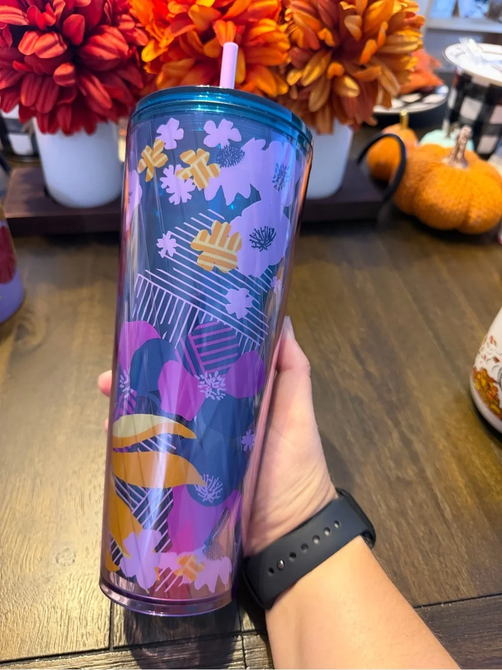 Starbucks Iridescent Teal and Purple Floral Travel Tumbler with Straw